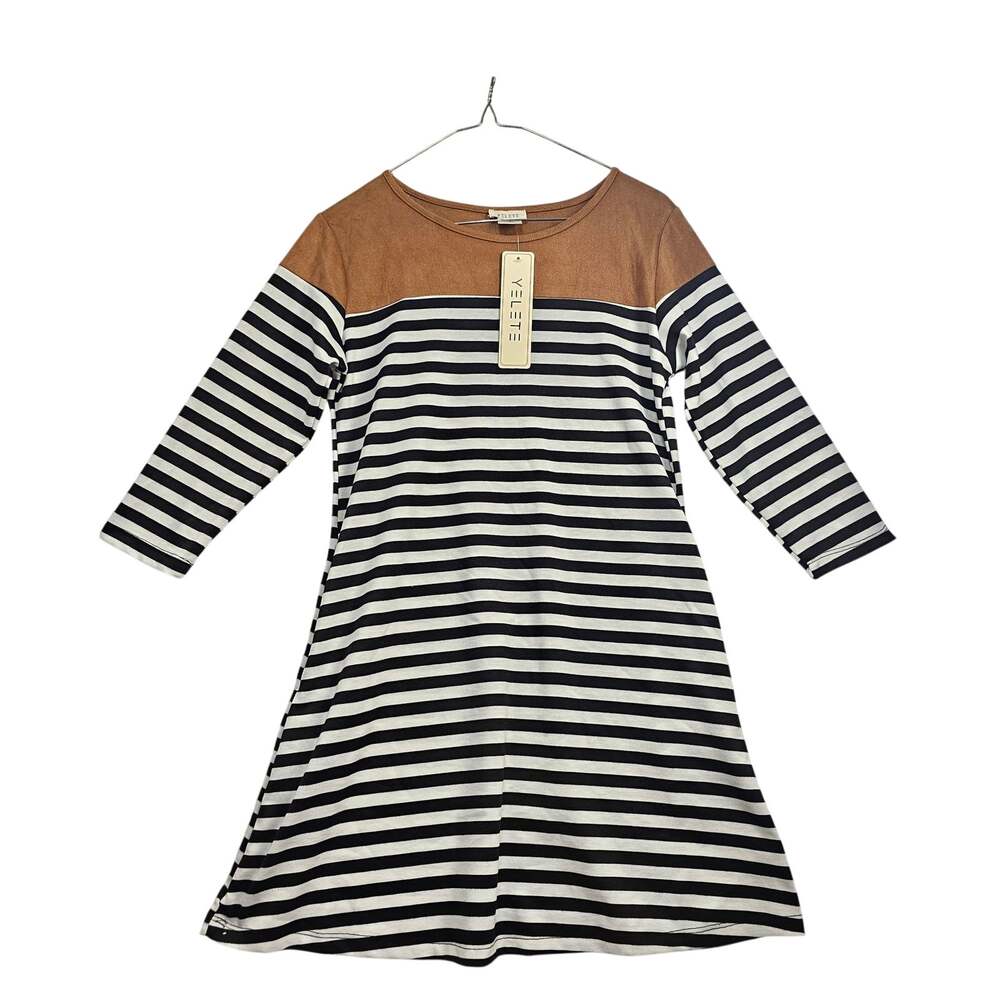 Yelete Womens Striped Colorblock Dress Brown Black Ivory 3/4 Sleeve